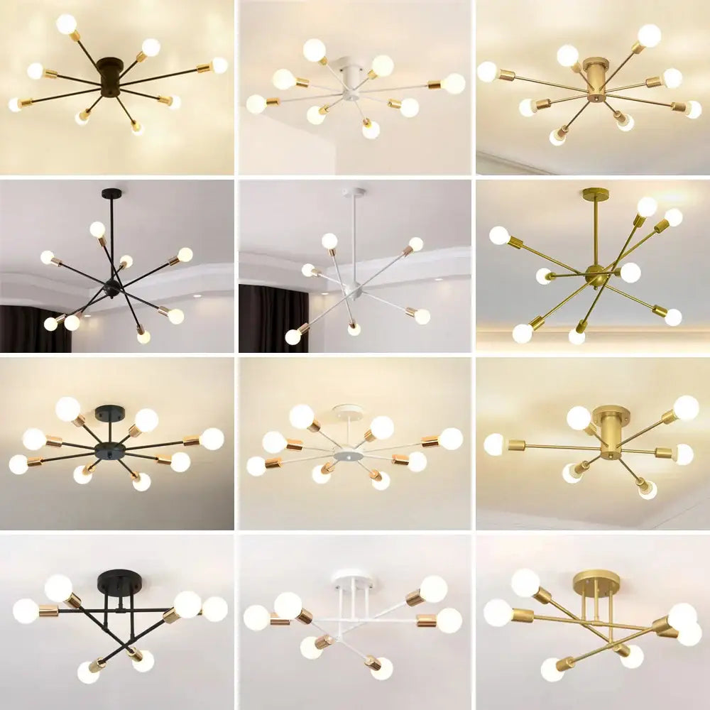 Modern starburst ceiling light with spherical bulbs in black white and gold finishes from DecorBites led metal chandeliers