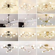 Modern starburst ceiling light with spherical bulbs in black white and gold finishes from DecorBites led metal chandeliers