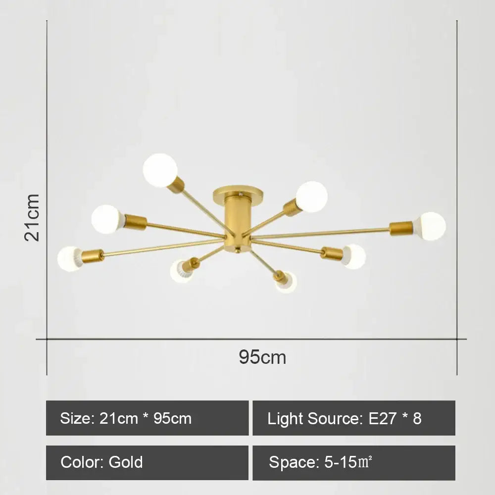 Gold-colored decorbites led metal ceiling light fixture with eight spherical bulbs and slender arms for living room decor