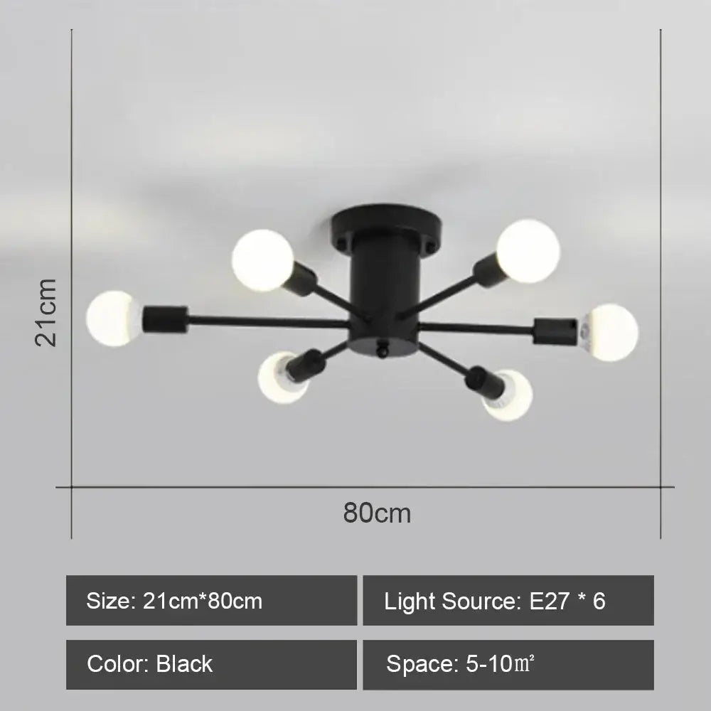 Black DecorBites LED metal ceiling light with six spherical bulbs in a radial pattern for living room decor