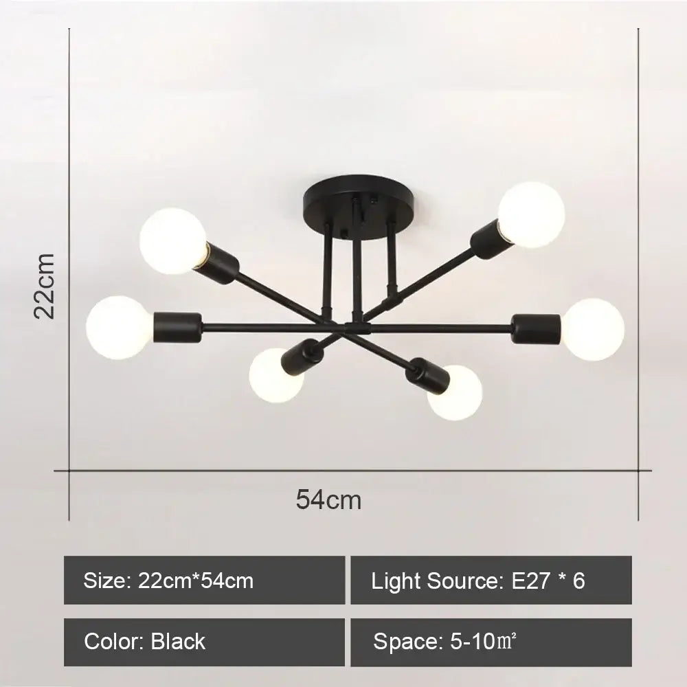 Black DecorBites LED metal ceiling light fixture with six spherical bulbs in starburst design for living room decor