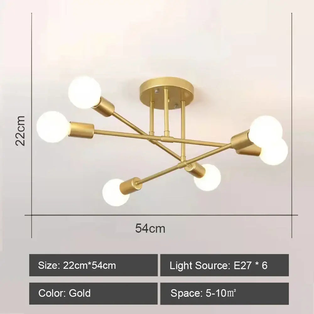 Gold-colored decorbites led metal ceiling light fixture with six spherical bulbs in a geometric branching design