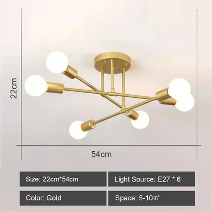 Gold-colored decorbites led metal ceiling light fixture with six spherical bulbs in a geometric branching design
