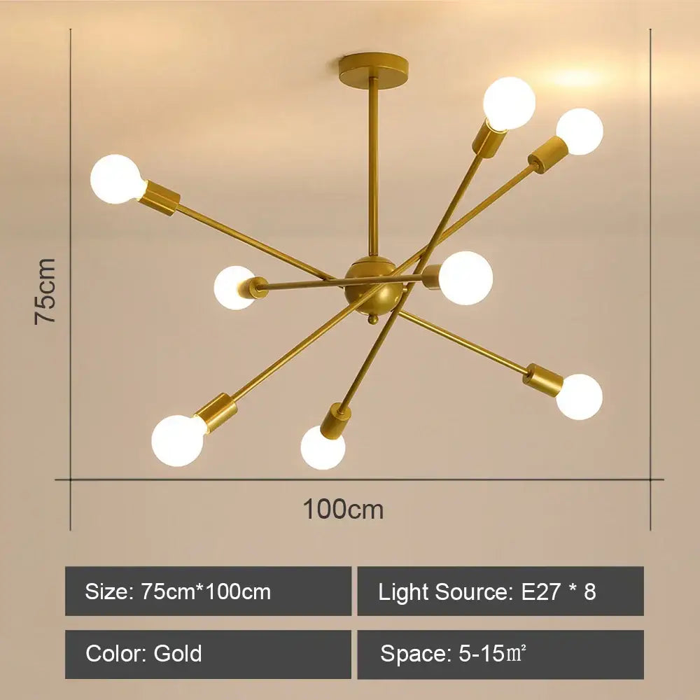 Gold-colored DecorBites LED metal chandelier with eight spherical bulbs is a stylish ceiling light for living room decor