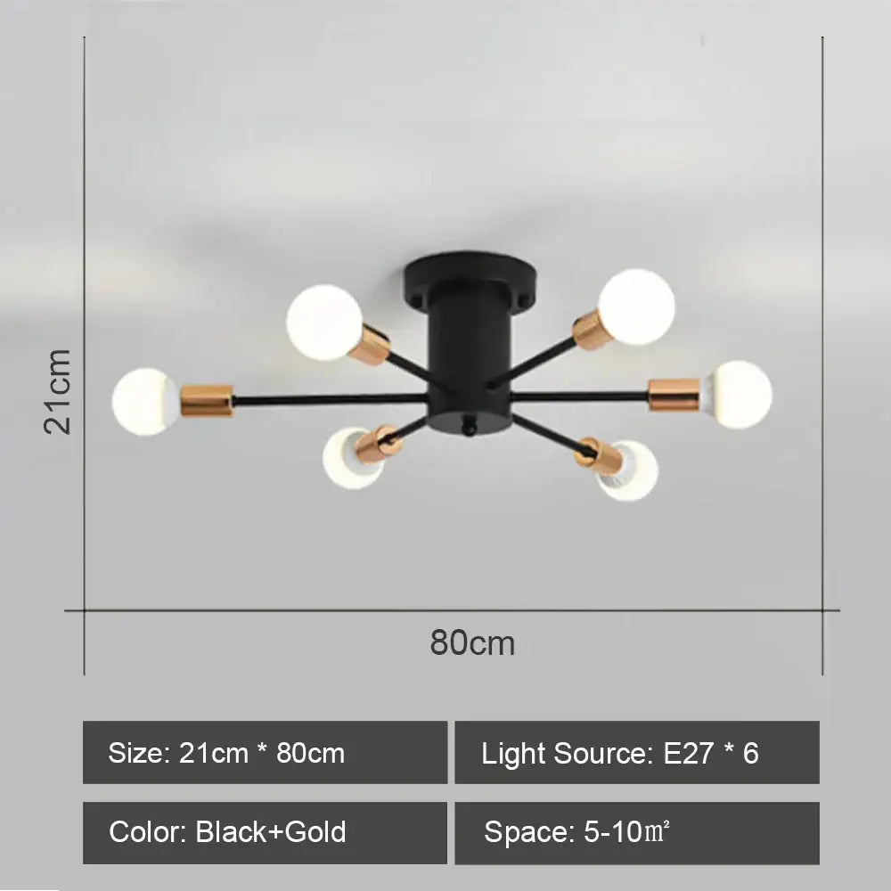 Black and gold decorbites led metal chandelier with six spherical bulbs stylish ceiling light for living room decor