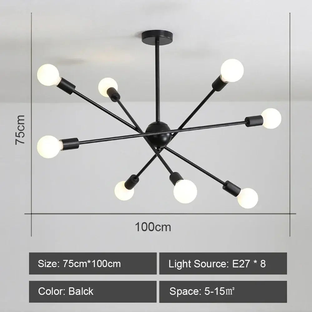 Black modern decorbites led metal chandelier ceiling light with eight spherical bulbs and central hub for living room decor