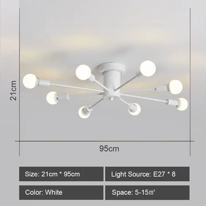 White modern ceiling light fixture with eight spherical bulbs in radial design by decorbites led metal chandeliers