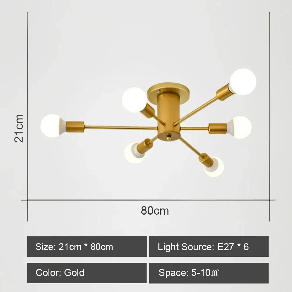 Gold-colored decorbites led metal ceiling light with six spherical bulbs and central cylindrical base for living room decor