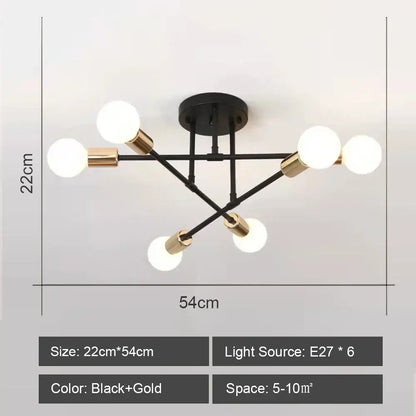 Black and gold modern decorbites led metal ceiling light fixture with six spherical bulbs for living room decor