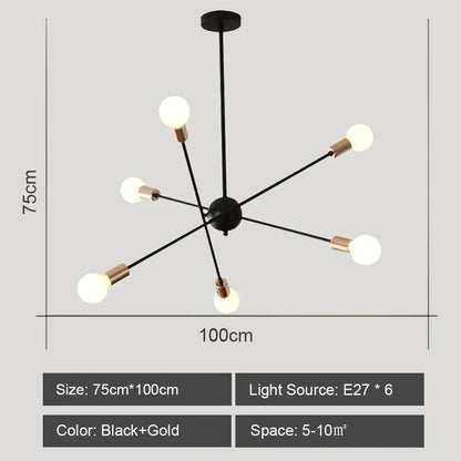 Black and gold decorbites led metal chandelier with six exposed bulbs ceiling light for stylish living room decor