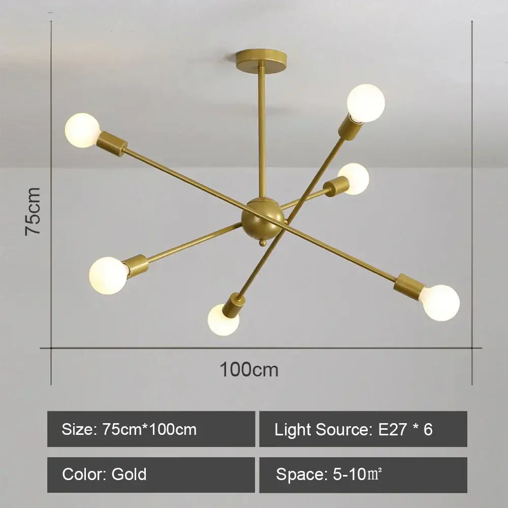 Gold-colored decorbites led metal chandeliers ceiling light with six exposed bulb arms for living room decor