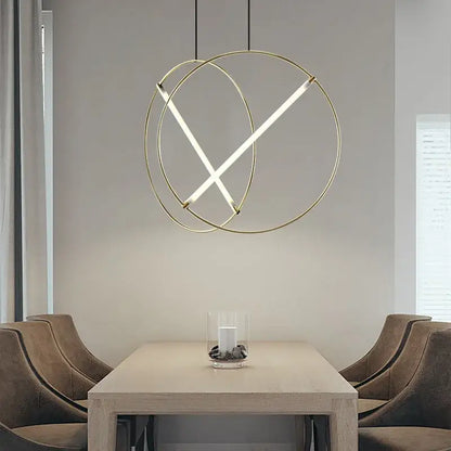 Modern gold-toned DecorBites LED metal pendant light with intersecting led strips for dining room and bedroom decor