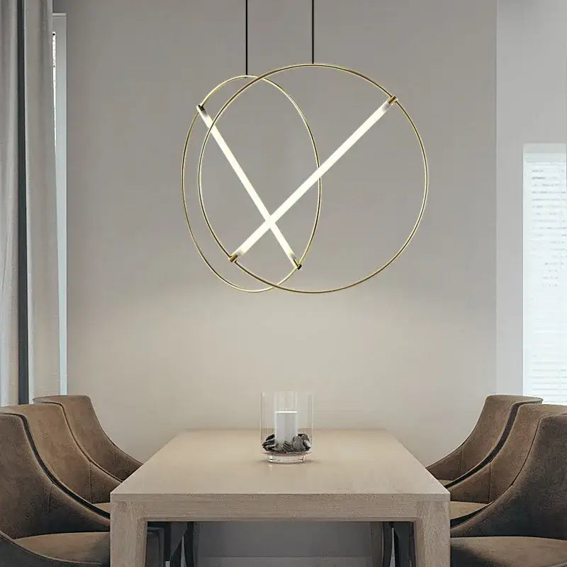 Modern gold-toned DecorBites LED metal pendant light with intersecting led strips for dining room and bedroom decor