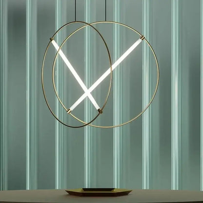 Modern gold-toned DecorBites LED metal pendant light with intersecting LED strips for dining room and bedroom use
