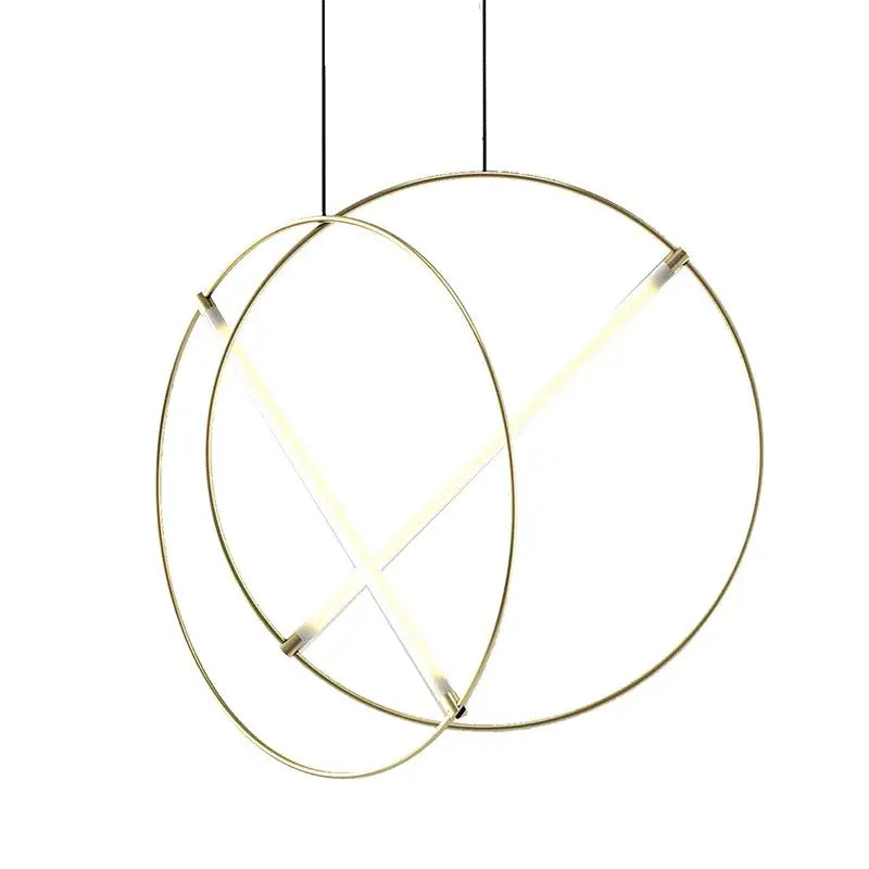 Modern gold-toned decorbites led metal pendant light features circular design with intersecting illuminated led strips for dining room and bedroom