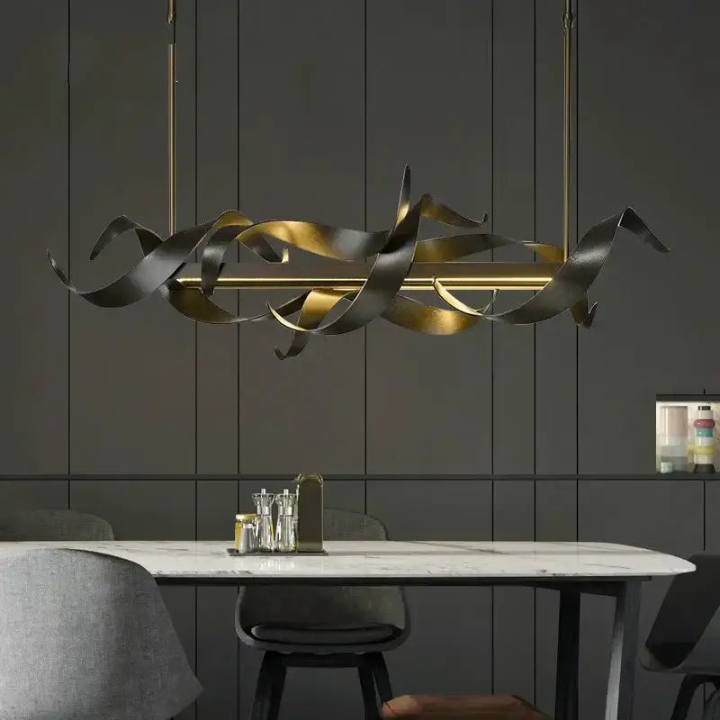 A modern decorbites led metal pendant light with flowing gold and dark bronze metallic ribbons for elegant decor