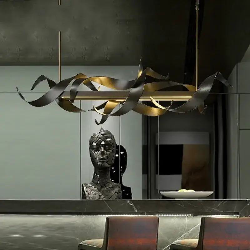 Modern abstract pendant lights with flowing gold and black metallic ribbons from decorbites led metal pendant collection