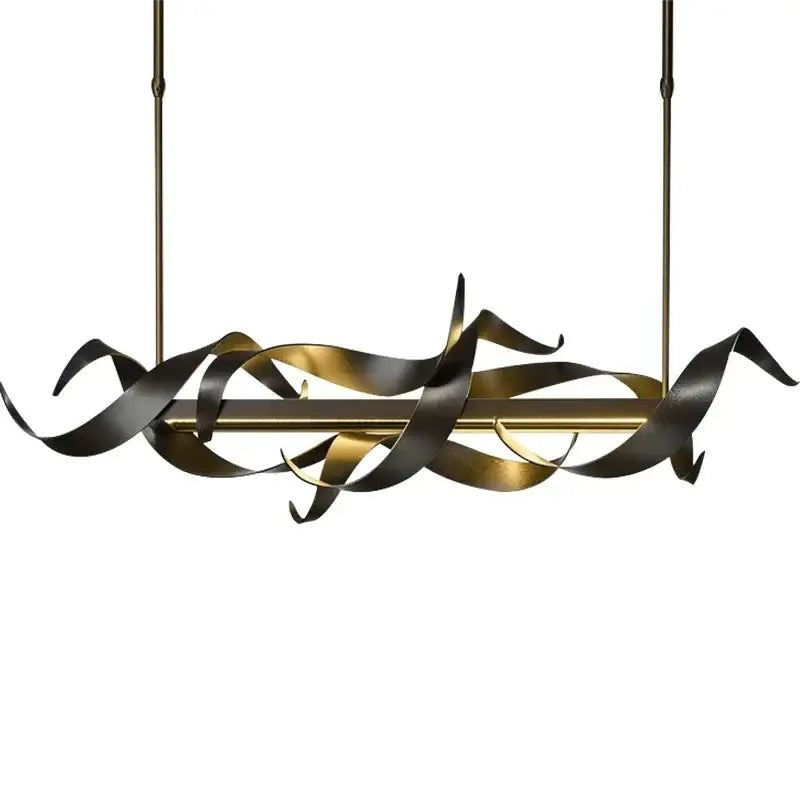 A modern DecorBites LED metal pendant light with black and gold ribbons suspended from brass rods for elegant decoration