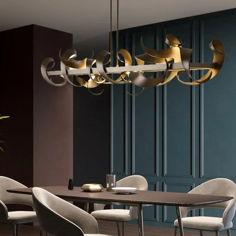 Gold-toned decorbites led metal pendant lights with flowing metallic curves for elegant modern dining room decoration