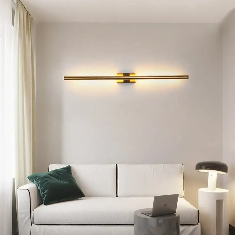 Gold-toned decorbites led metal wall lamp with two horizontal bars and central fixture for modern indoor lighting