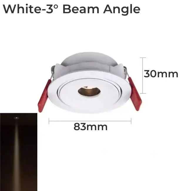 White 3° beam angle decorbites led mini circular ceiling downlight with red levers 83mm diameter 30mm deep for cabinets