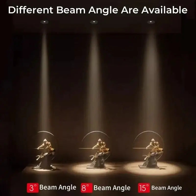 Three golden warrior figurines illuminated by decorbites led mini ceiling downlights with varied anti-glare beams