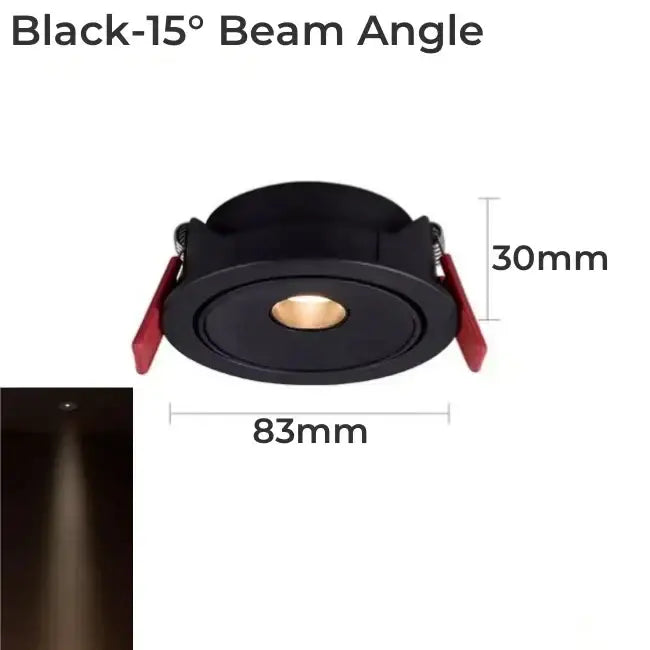 Black recessed decorbites led mini ceiling downlight with 15° beam angle red arms and gold center lens for cabinets