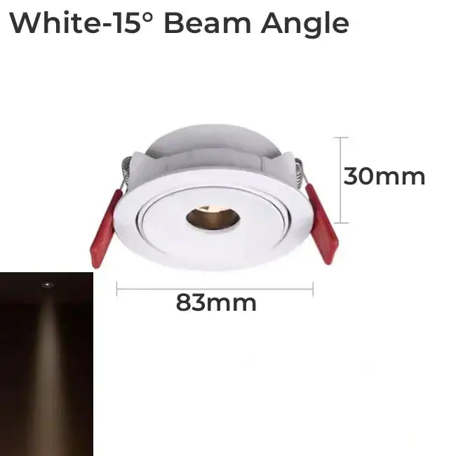White decorbites led mini ceiling downlight with 15° beam angle, red adjustment levers, 83mm diameter, and 30mm depth