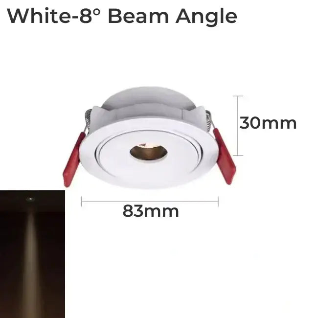White recessed decorbites led mini ceiling downlight with 8° beam angle and red mounting clips for cabinets and showcases