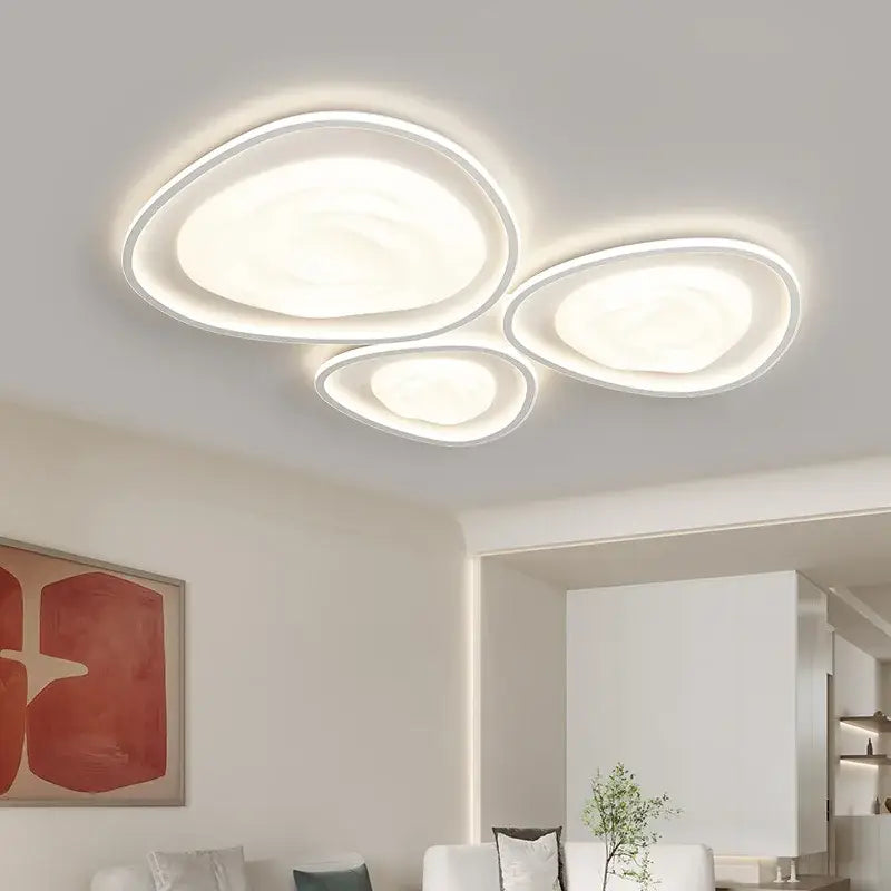 Modern white decorbites led minimalism chandelier with three oval glowing panels and a sleek metallic rim for indoor lighting