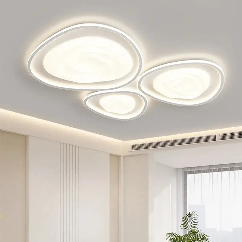 Modern white LED minimalism chandelier with three overlapping oval luminaires by DecorBites LED for indoor decor