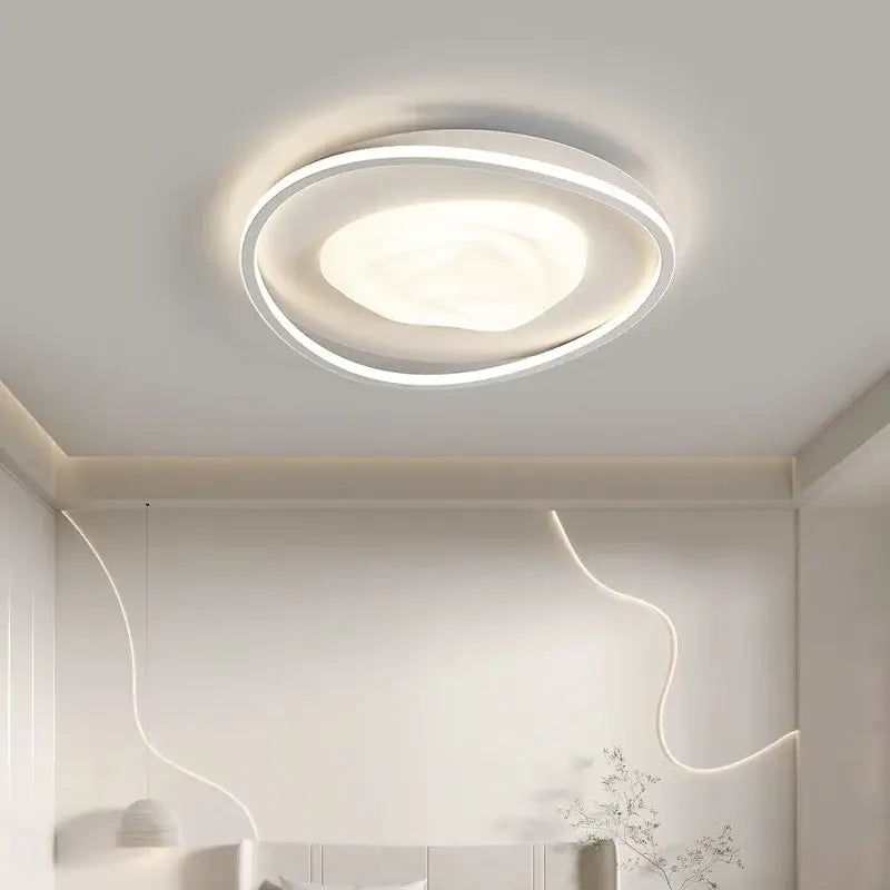 Modern white circular led minimalism chandelier by DecorBites with sleek minimalist design and concentric ring accents for indoor decor