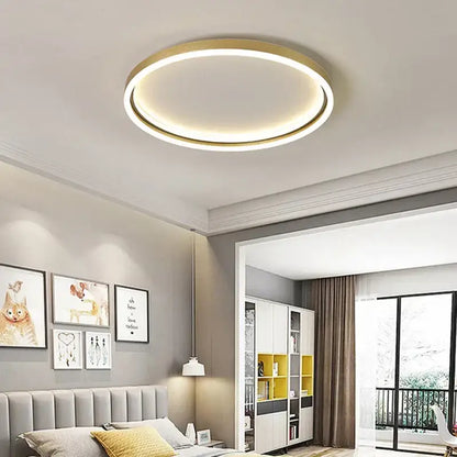Modern circular decorbites led minimalist chandelier with golden finish and soft white led illumination for living room and bedroom