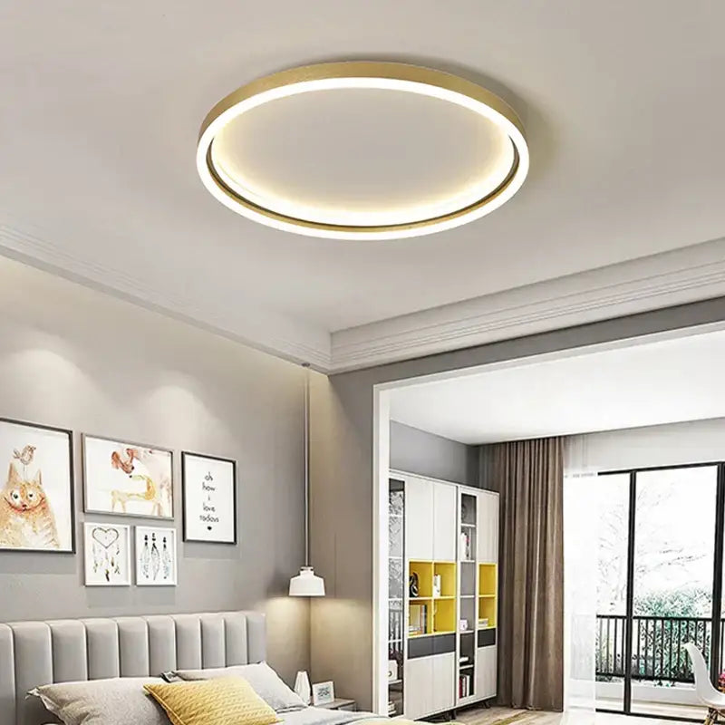 Modern circular decorbites led minimalist chandelier with golden finish and soft white led illumination for living room and bedroom