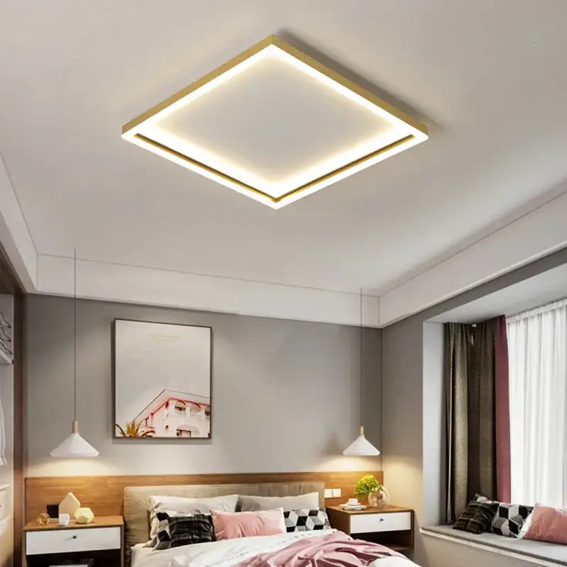 Modern square led minimalist chandelier by decorbites with golden finish and soft white illumination for living room and bedroom