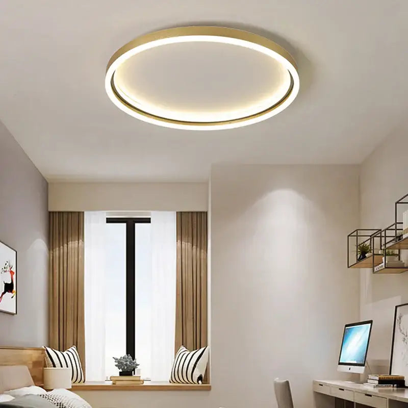 Decorbites led minimalist chandelier with golden finish metal ring and soft white led light for living room or bedroom