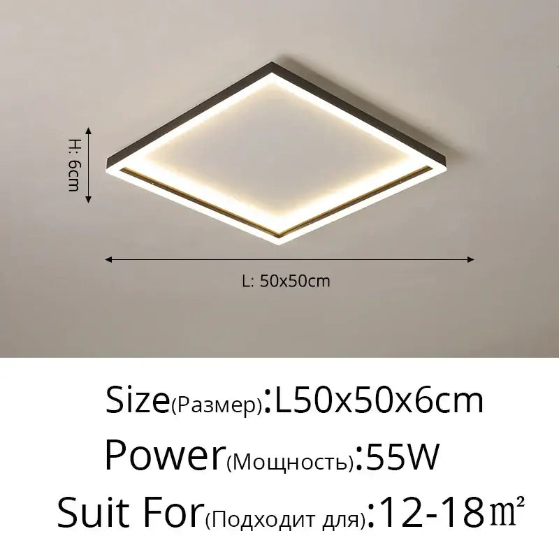 Modern square led minimalist chandelier by decorbites with sleek black frame and warm white light in golden finish