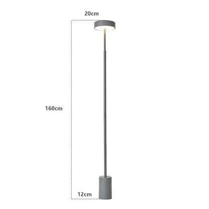 Modern gray decorbites led minimalist floor lamp with sleek cylindrical base and circular light head for living room decor