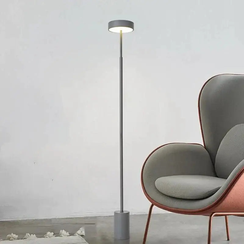 Modern gray decorbites led minimalist floor lamp with sleek cylindrical design and circular light head for living room use