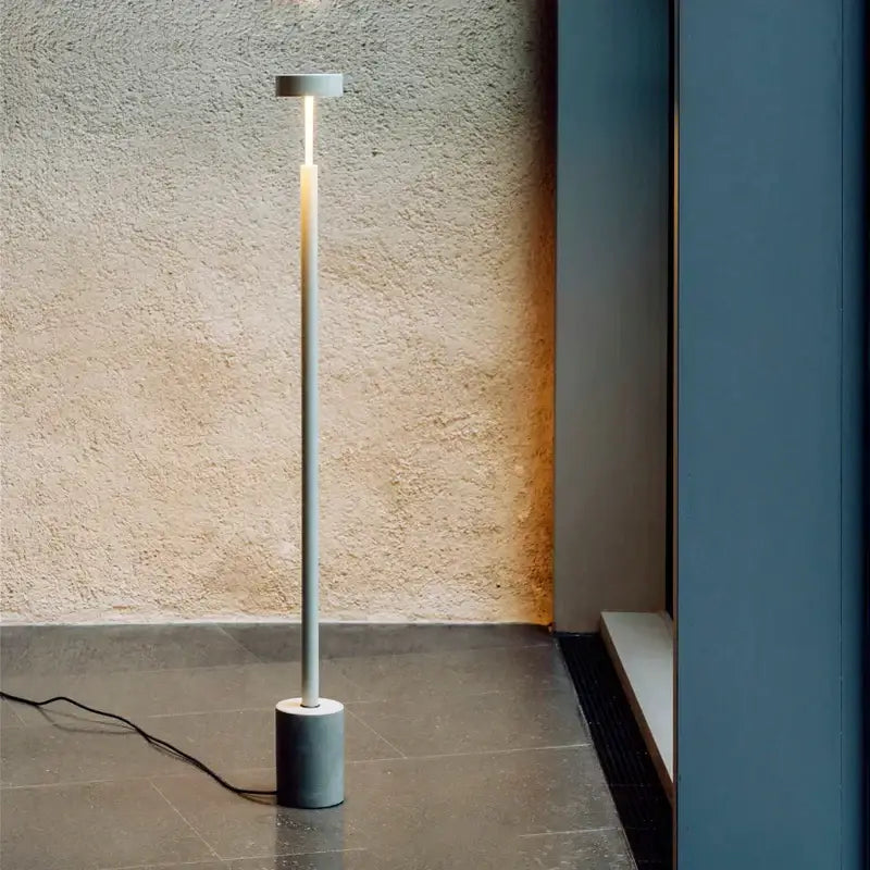 Minimalist gray cylindrical floor lamp with warm light, decorbites led minimalist design for living room or bedroom decor