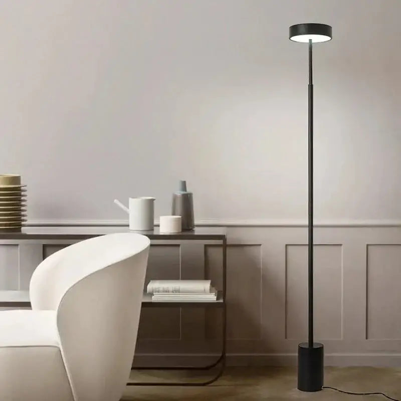 Modern black decorbites led minimalist floor lamp with sleek cylindrical design and circular light head for living room