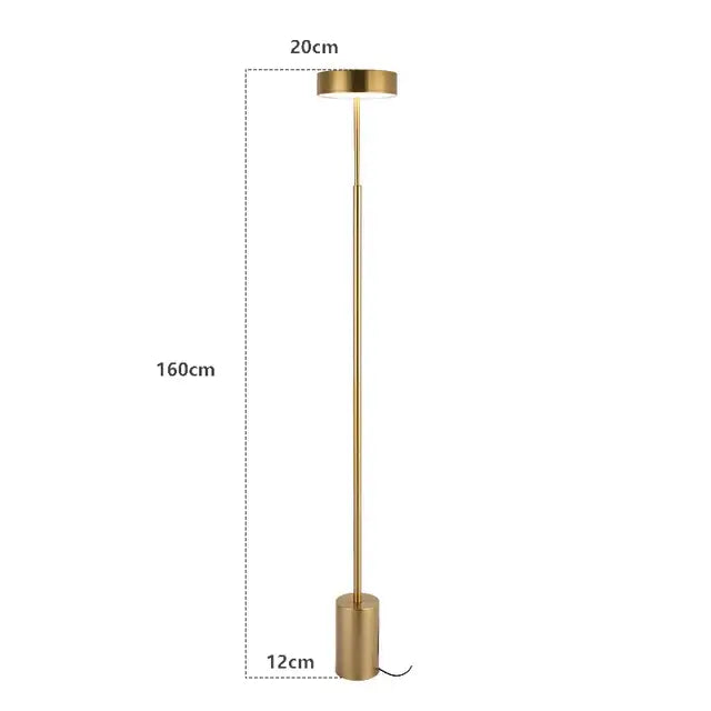 A sleek DecorBites led minimalist floor lamp with a tall gold metal pole and cylindrical base for modern home decor