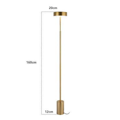 A sleek DecorBites led minimalist floor lamp with a tall gold metal pole and cylindrical base for modern home decor