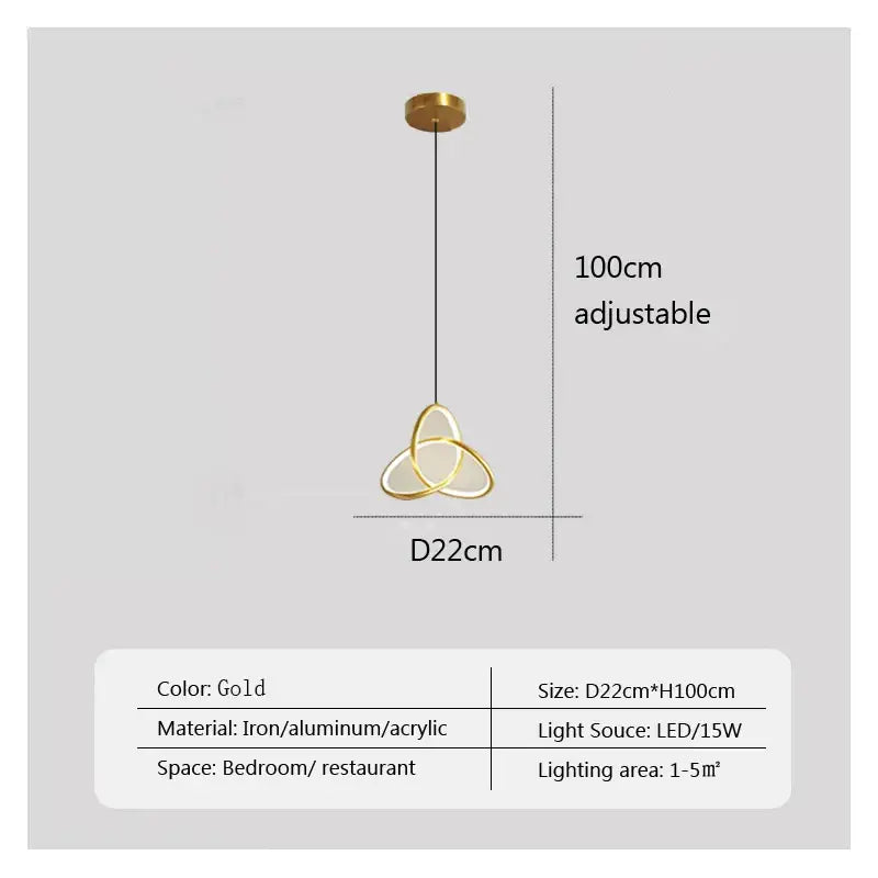 Gold-colored DecorBites LED minimalist pendant light with triple-looped iron aluminum and acrylic design for modern decor