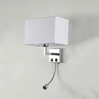 White rectangular fabric lampshade on chrome wall sconce with adjustable gooseneck reading light decorbites led minimalist wall lamp