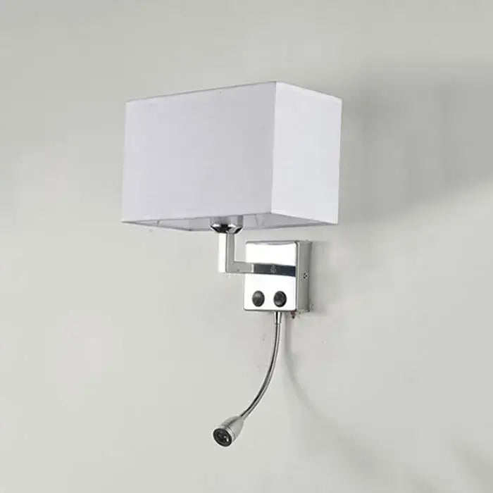 White rectangular fabric lampshade on chrome wall sconce with adjustable gooseneck reading light decorbites led minimalist wall lamp