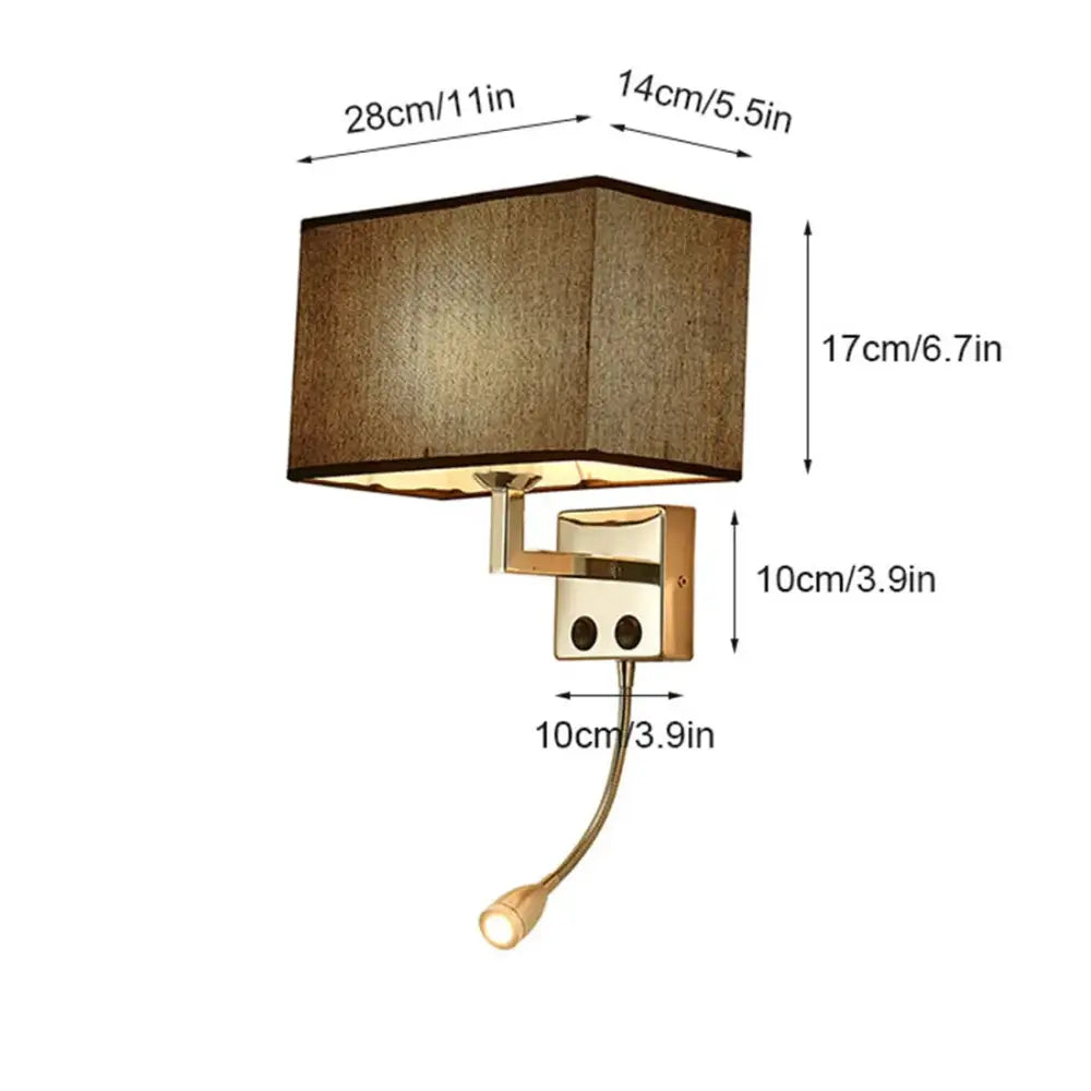 Gold-toned decorbites led minimalist wall lamp with rectangular brown fabric shade and adjustable gooseneck for living room