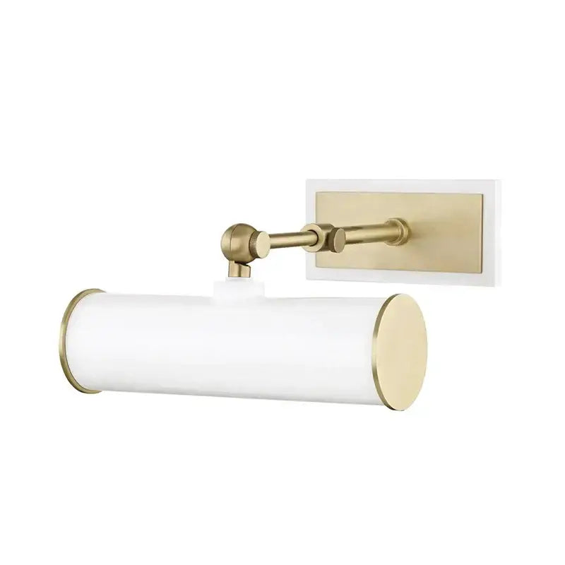 DecorBites™ led mirror cabinet features a sleek white glass sconce with brushed brass accents and a rectangular backplate