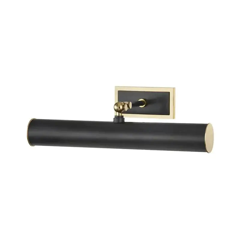Black cylindrical wall sconce with brass accents and rectangular backplate for DecorBites™ led mirror cabinet lighting