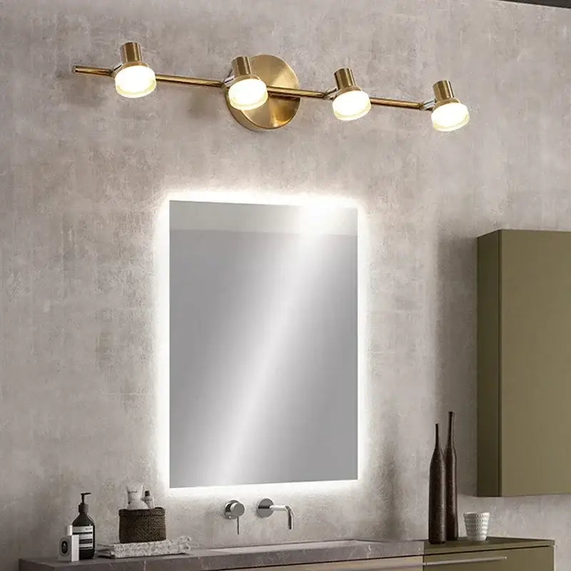 Brass-finished decorbites led mirror wall lamp with four adjustable spotlights for bathroom and bedroom use